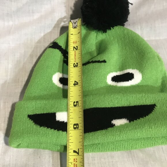 Green Knit Beanie Hat With Fun Monster Face & Black Pom Pom For Kids - Picture 4 of 4